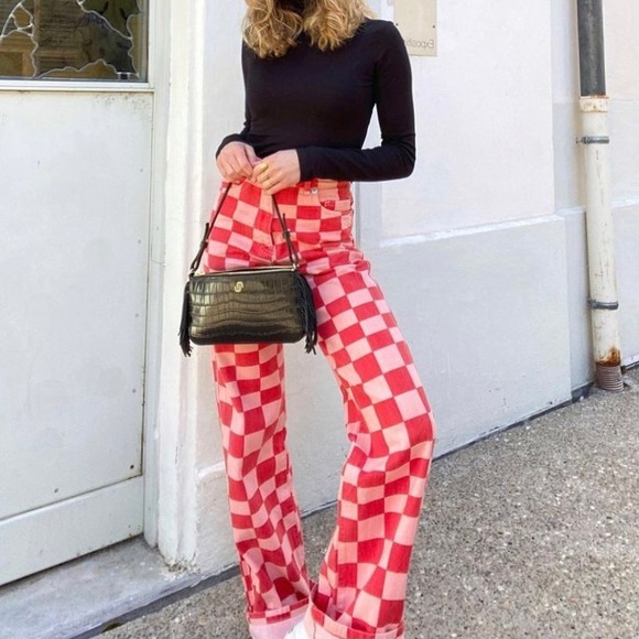 Zara | Jeans | Zara Wide Leg Jeans Checker Grid Red Pink Viral Tiktok Jeans  Ragged Priest | Poshmark